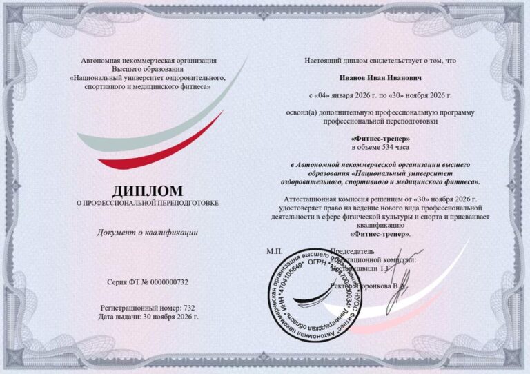Диплом НУОС Фитнес о переподготовке, квалификация «Фитнес-тренер», 534 часа — образец