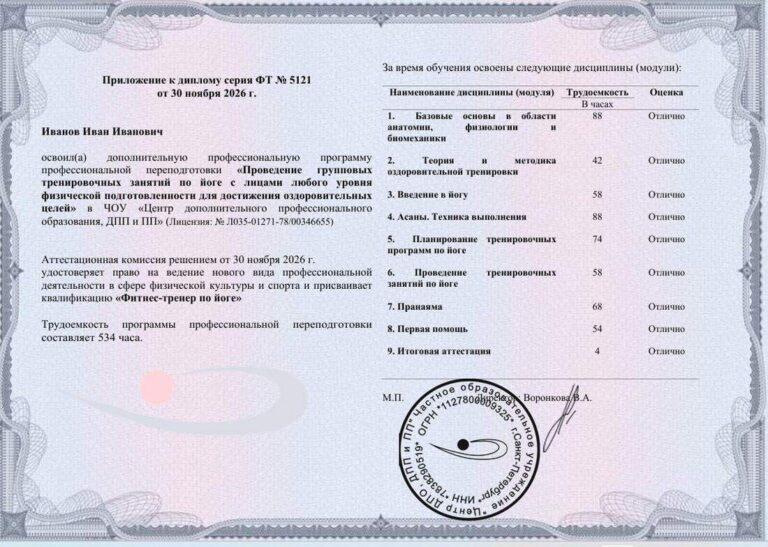Приложение к диплому Центра ДПО: дисциплины и часы